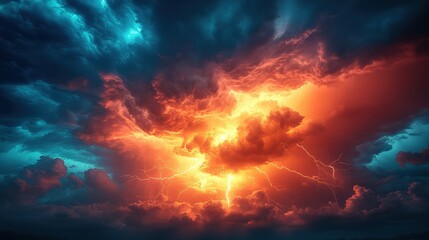 Poster - Dramatic Thunderstorm with Fiery Lightning Display Illuminating Cloudy Sky at Dusk