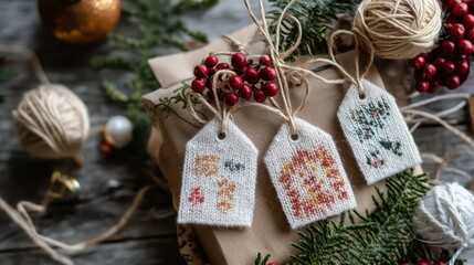 Knitted gift tags adorn a rustic christmas gift