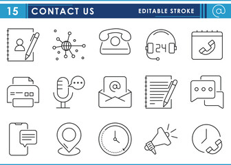 Fototapete - A set of line icons related to Contact Us. Phone, message, microphone, fax, internet, mail, and so on. Vector editable stroke.