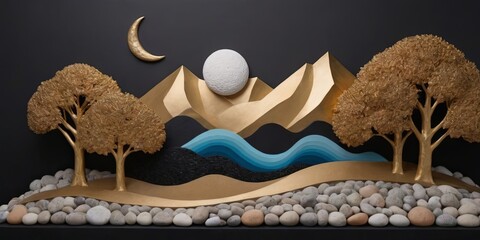 Poster - A gold and black mountain scene with a moon and a blue river