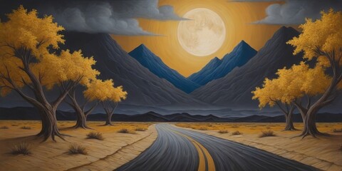 Poster - A painting of a road with a large moon in the sky