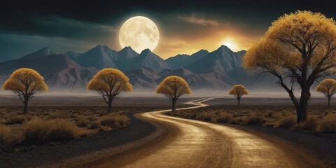 Poster - A road with a moon and sun in the sky