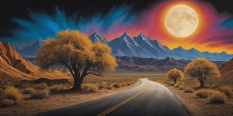 Aufkleber - A painting of a road with a large moon in the sky