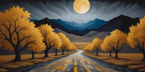 Poster - A painting of a road with a moon in the sky