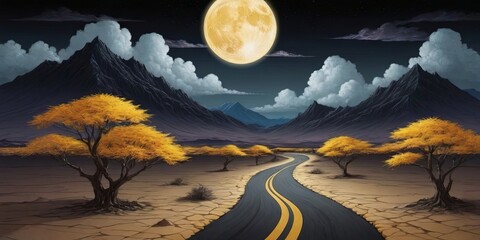 Poster - A road with a yellow moon in the sky