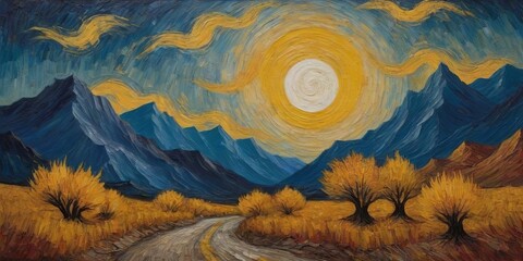 Poster - A painting of a mountain range with a yellow sun in the sky