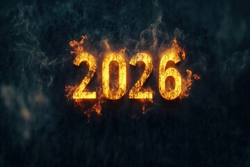 Poster - A fiery representation of the year 2026 with flames and smoke effects.