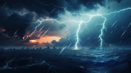 Aufkleber - Dramatic Lightning Strikes Over Turbulent Sea During Storm with Dark Clouds and Glowing Horizon at Dusk