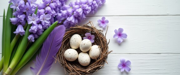 Wall Mural - A charming spring scene features a nest filled with speckled eggs, surrounded by lush green leaves and vibrant purple flowers. This delightful composition evokes feelings of renewal and the beauty of