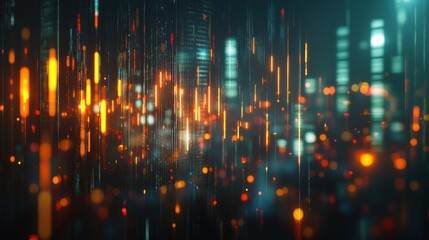 Poster - abstract glowing big data forex candlestick chart on blurry city backdrop. trade, technology, invest