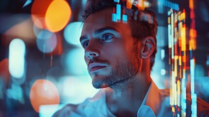 Poster - Attractive young european businessman using tablet with creative forex charts on blurry background. Trade and economy concept. Double exposure
