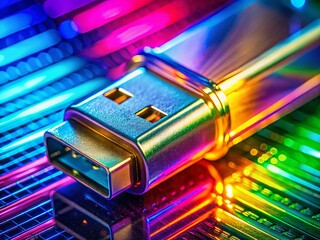 Poster - Macro Close-up of USB Drive Connector During File Upload Process