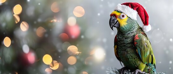 Aufkleber - A close-up of a parrot perched atop a decorated Christmas tree with a large text area on a white backdrop and the bird wears a red Santa hat, Generative AI.