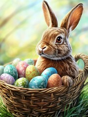 Wall Mural - Background of an Easter bunny in a basket full of easter eggs. Happy easter