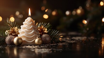 Aufkleber - An up-close view Golden Christmas objects pine departs and a white candle light in the shape of a Christmas tree are displayed on an even black background with a large writing area, Generative AI.