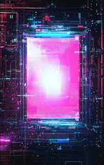 Wall Mural - Digital Gateway: A mesmerizing digital art piece features a vibrant pink and blue portal encased in a futuristic frame, glowing with a bright white light in the center.