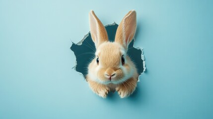 Bunny peeking out of a hole in blue wall, fluffy eared bunny easter bunny banner, rabbit jump out torn hole, Generative AI