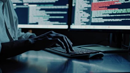 Leinwandbilder - Expert in cybersecurity analyzes complex code in a dark office late at night