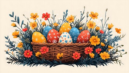 Wall Mural - Easter Eggs In basket On Grass 