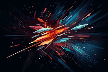 Poster - Colorful crystal explosion expanding with light streaks and particles on dark background, creating dynamic and vibrant abstract visual
