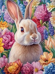 Wall Mural - Pink bunny amidst colorful flowers with happy easter message. Happy Easter