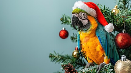 Aufkleber - A close-up of a parrot perched atop a decorated Christmas tree with a large text area on a white backdrop and the bird wears a red Santa hat, Generative AI.