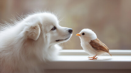  samoyed observing bird