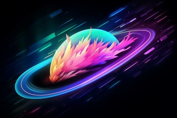 Poster - Vibrant planet with a fiery plume is orbiting in space, surrounded by colorful light trails