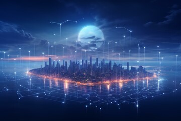 Poster - Futuristic cityscape at night with network connections and large moon, symbolizing global communication and smart technology