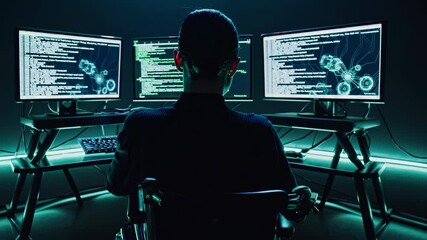 Leinwandbilder - Focus on cybersecurity in a dark room with multiple monitors displaying code