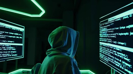 Poster - exploring coding culture at night in a modern workspace with neon lighting and multiple monitors