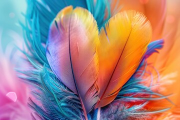 Poster - Close up of colorful feathers forming a heart shape, symbolizing love, romance, and beauty, with a blurred, vibrant background