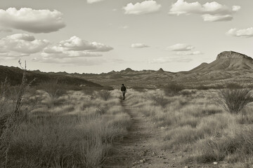 Poster - A monochromatic desert scene with a tiny figure in the distance