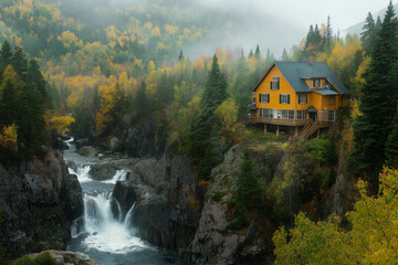 Wall Mural - A misty waterfall cascading down rugged, moss-covered cliff