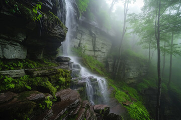 Poster - A misty waterfall cascading down rugged, moss-covered cliff