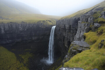 Poster - A misty waterfall cascading down rugged, moss-covered cliff