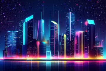 Fototapete - A glowing cyberpunk city skyline with neon lights and holograms