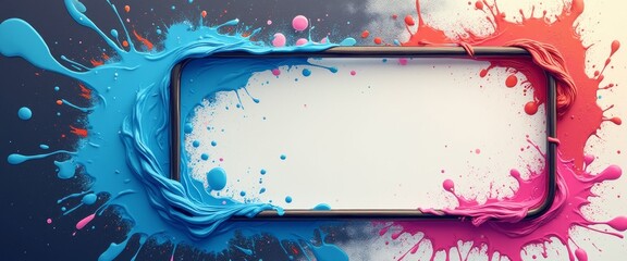 Wall Mural - A sleek smartphone is framed by energetic splashes of blue and pink paint, creating a striking visual contrast. This lively composition captures the essence of creativity and modern technology