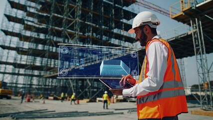 Aufkleber - Construction workers collaborate on a large scaffolding project while using digital tools to enhance efficiency and safety