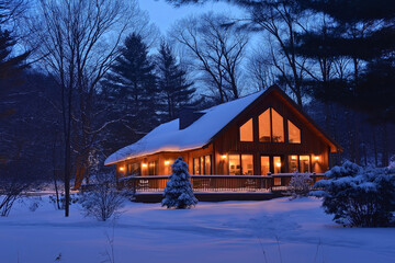 Wall Mural - A cozy winter cabin surrounded by snow-covered pine trees and warm lights