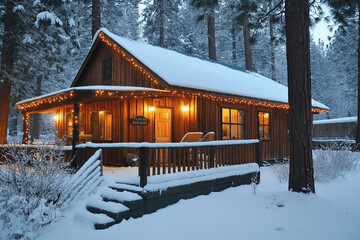 Poster - A cozy winter cabin surrounded by snow-covered pine trees and warm lights