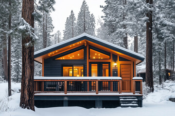 Poster - A cozy winter cabin surrounded by snow-covered pine trees and warm lights