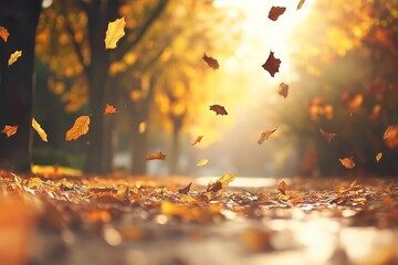 Poster - A colorful autumn path covered in falling leaves and golden hues