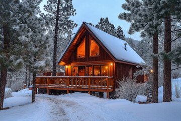 Poster - A cozy winter cabin surrounded by snow-covered pine trees and warm lights