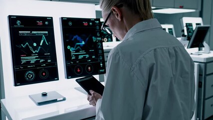 Fototapete - Scientist analyzes data in high-tech laboratory while using handheld device for research insights