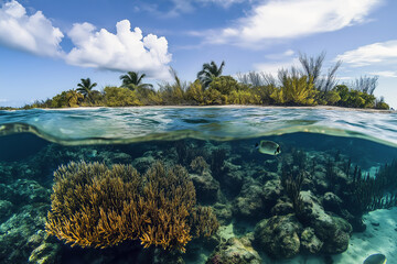 Poster - A clear underwater view of a vibrant coral reef teeming with fish