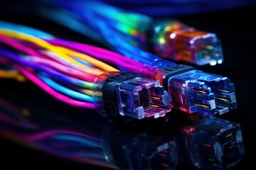 Fototapete - Colorful network cables reflecting on a dark surface represent modern technology and connectivity