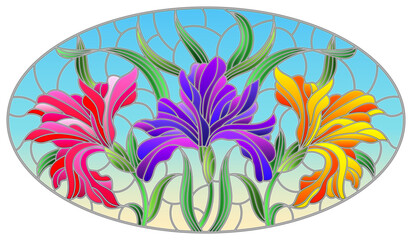 Wall Mural - Illustration in stained glass style with  bouquet of irises, flowers, buds and leaves on blue background, oval image