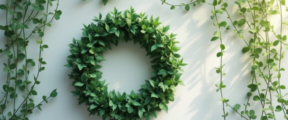 Wall Mural - A stunning circular wreath made of vibrant green leaves is beautifully framed against a soft, light-colored wall, complemented by delicate vines that cascade gracefully. This serene composition evokes