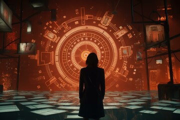 Poster - Scientist analyzing complex data visualized on a large circular screen in a high tech control room